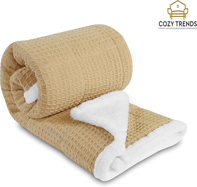 Luxurious Cotton Unisex Baby Boy Girl Blanket Waffle Weave with Sherpa Backing Soft Cozy 30''x40'' Receiving Crib Stroller Nap Blanket (Beige)