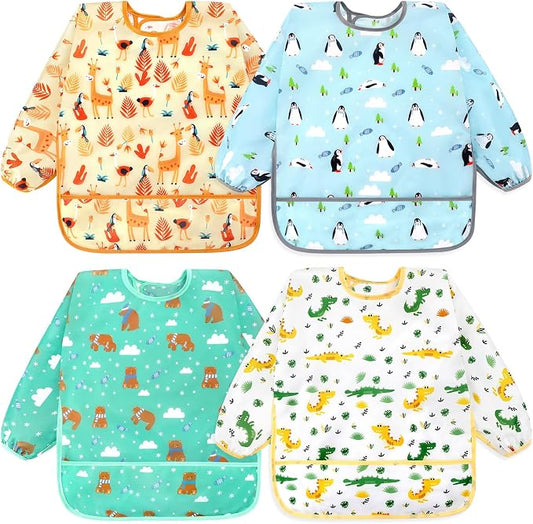 Accmor 4 Pack Long Sleeve Bibs, Baby Smock Waterproof Sleeved Bib Smock for Baby Toddler 6-36 Months