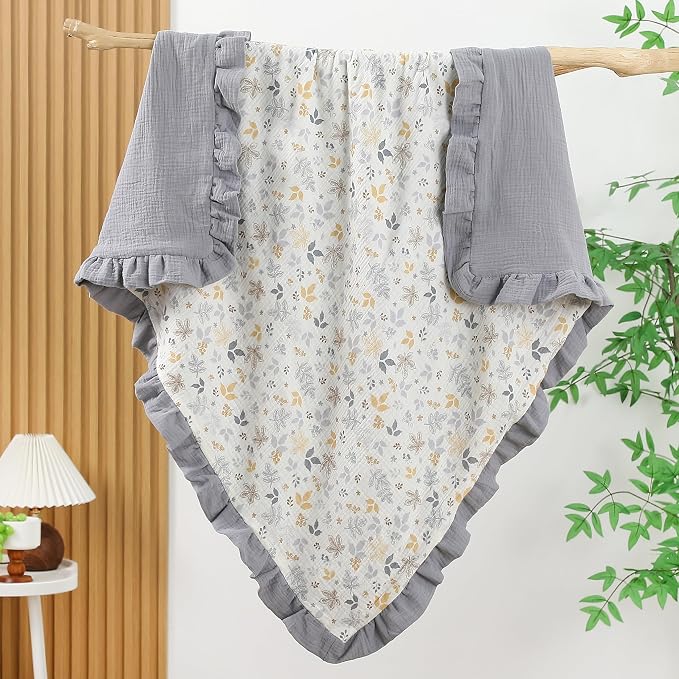 Muslin Toddler Blanket 43"x43" - 100% Cotton Super Soft Crib Blanket for Baby, Infant, Toddler & Baby Boys,Lightweight Nursing Cover & Breathable Stroller Blanket,Floral Design (Grey)