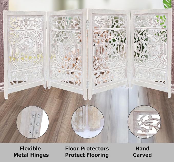 Croft&Cane Wooden Foldable Pet Dog Safety Gate - 4 Panel 20 W x 24 H - Hand Carved Suzani Free Standing Portable Indoor Puppy Gate - Doorway Hall Stairs Dog Fence - Assembled - White Wash