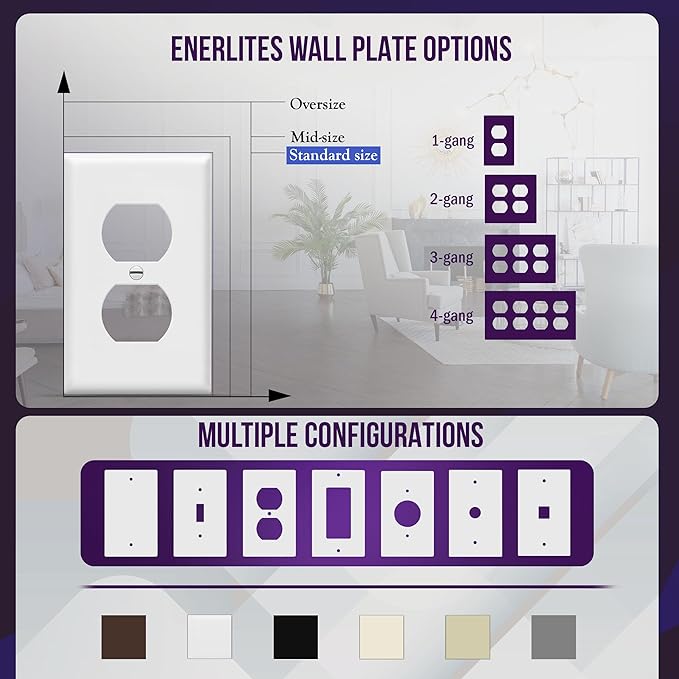 ENERLITES Duplex Wall Plates Kit, Electrical Outlet Covers, Standard Size 1-Gang 4.50" x 2.76", Unbreakable Polycarbonate Thermoplastic, Electric Receptacle Plug Covers, 8821-W-10PCS, White, 10 Pack