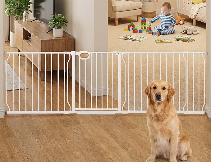 Baby Gates Extra Wide for Doorways 85.5-90.6 Inch Extra Wide Pressure Mounted Baby Dog Gate for the House Indoor Large Openning Metal Safety Gate No Drilling with Walk-Through Door,White