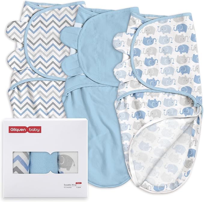GLLQUEN BABY Swaddles for Newborns with Zipper Smooth & Gentle Wear, Baby Boy Swaddles 0-3 Months, Reduce Startle Reflex Womb-Like Sleep Sack Wrap Blankets Chevron & Baby Blue Elephant