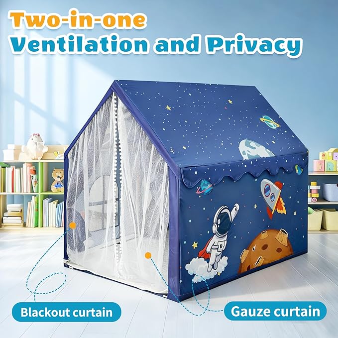 Kids Space Tent Indoor Playhouse-with Star Light, Padded Mat, Extra Large Bedroom Play Tent, Double Curtain, Two Door Access for Toddler Boys, Astronaut Spaceship Kids Tent Toys