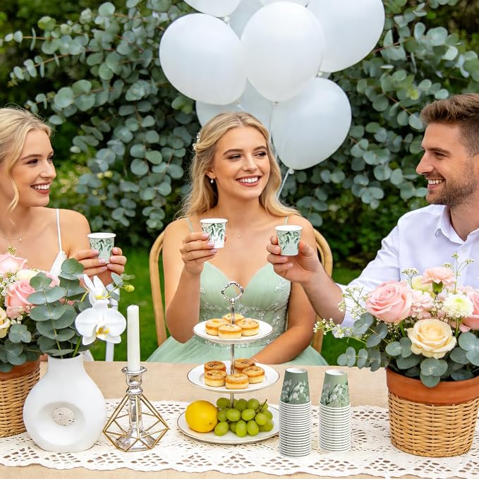 WRAPAHOLIC 3oz Eucalyptus Leaves Paper Cups - 100 Pack Disposable Bathroom Cups with Green Eucalyptus 4 Designs, Small Mouthwash Cup for Toothbrush Rinse, Home Bathroom, Baby Shower and Wedding