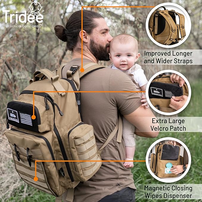 Tan Dad Diaper Bag - Molle-Style Military Diaper Backpack Made of Rugged 900D Waterproof Polyester with Wider Extra-Long Straps, Pouch for Dirty Diapers, Baby Wipes Dispenser & Insulated Pockets