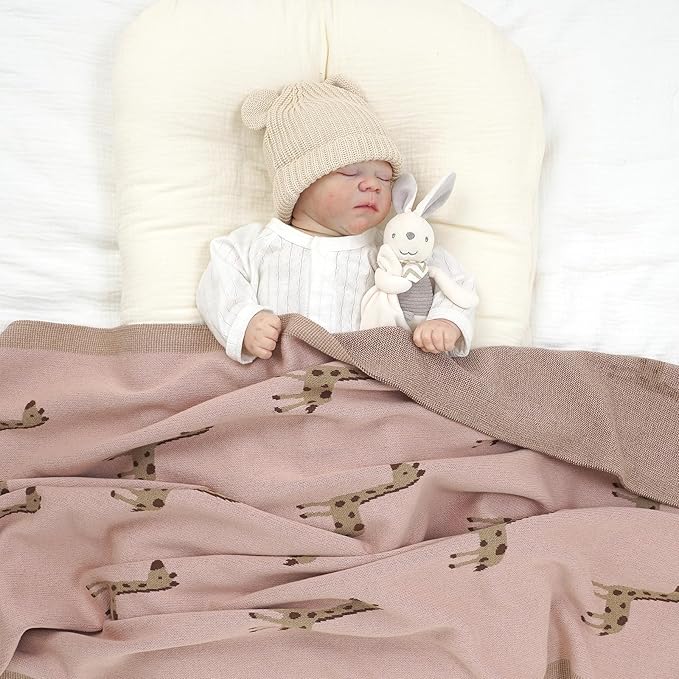 Opewod Soft Cotton Knit Baby Blanket with Cute Deer Print 40x30in Newborn Receiving Blanket Swaddle Cuddle Blanket for Crib, Stroller, or Nursery for Infants & Toddlers Pink