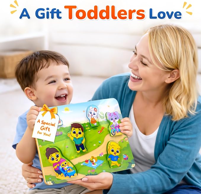 Lucas & Friends Wooden Family Puzzle for Toddlers 2-4, 6-Piece Montessori Matching Board, Extra-Thick Easy-Grip Pieces, Preschool Social Learning Toy - 12” x 9”