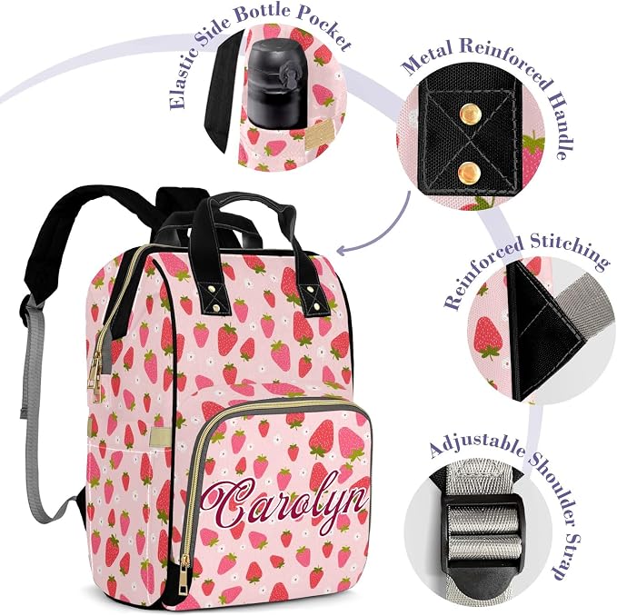 Custom Diaper Bag with Name Personalized Multifunctional Mommy Backpack for Shoulders Outdoor Backpack for Newborn Baby Thermal Pockets Nursing Bags （Strawberry 3）