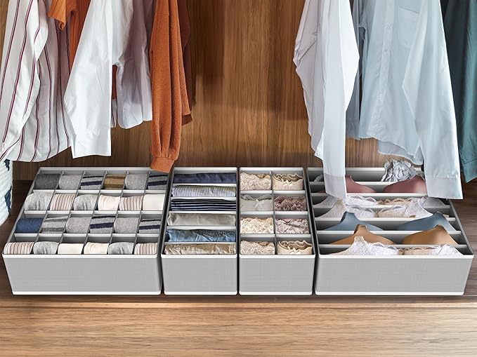 Simple Houseware 4-Pack Drawer Organizer Set - Closet Dividers for Underwear, Socks, Bras, Scarves, Ties - Foldable Non-Woven Storage Boxes, Gray