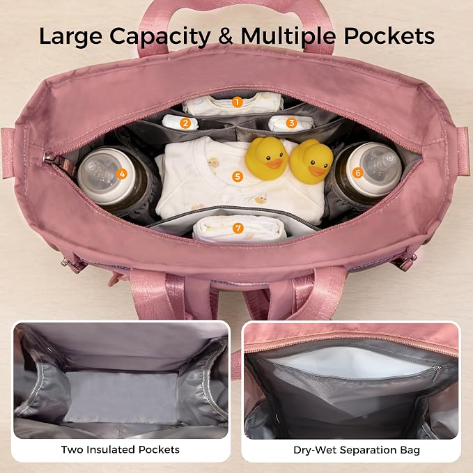 Diaper Bag Backpack, Large Baby Diaper Bag with Changing Pad, Baby Bag for Mom with Quick-access Insulated Pockets, Lightweight Multipurpose Travel Backpack (Dark Pink)