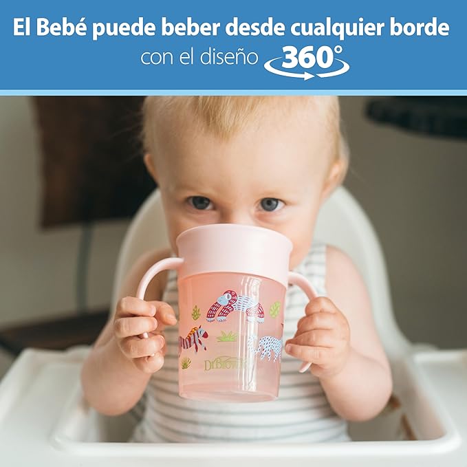 Dr. Brown's Milestones Cheers 360 Spoutless Transition Cup with Handles, Travel Friendly and Leak Free Sippy for Babies and Toddlers, Pink Animals, BPA-Free, 7 oz/200 mL, 6m+, 1-Pack