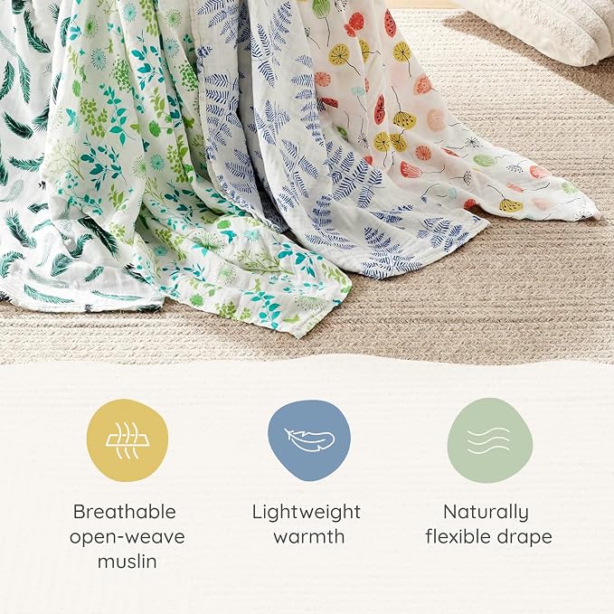 Margaux & May Organic Muslin Baby Swaddle – 100% Organic Cotton, Large 47” x 47” Newborn Swaddle, Soft & Breathable Muslin Swaddle Blanket, Blue Fern and Green Feather