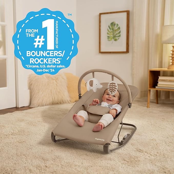 Ingenuity Nestle Vibrating Rocker, Lightweight Foldable Infant Seat with Breathable Fabric, 2-Position Recline, Mini Vibration Unit, 5-Point Harness