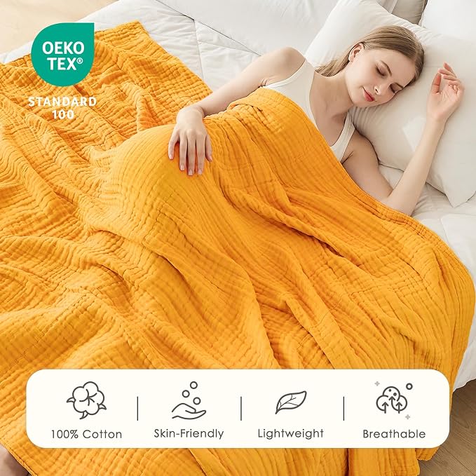 EMME Cotton Throw Blanket for Couch Mustard Yellow Soft Muslin Blankets 50"x60" Lightweight Breathable