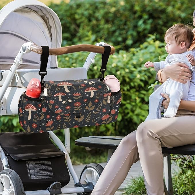 Forest Mushrooms Flowers Black Print Universal Stroller Organizer with Shoulder Strap & Cup Holder，Baby Stroller Caddy Bag for Shopping and Walking