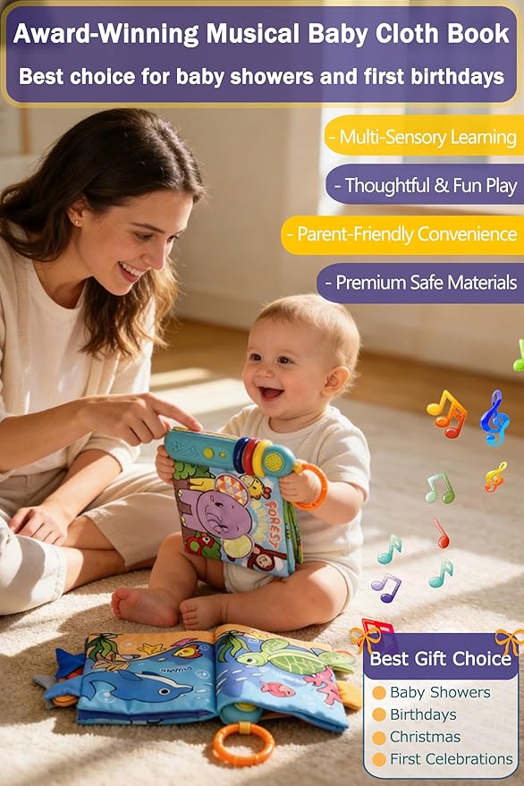 Cloth Books for Babies 0-6-12 Months, Interactive Soft Sensory Toy with Lights, Sounds & Music, Bite-Proof Educational for Newborns, Infants & Toddlers 0-3 Years (Forest Animals)