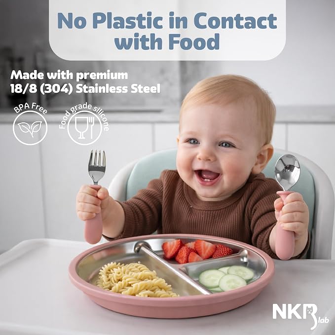 Stainless Steel Toddler Plates with Suction – 4 Pack Divided Baby Plates with Lids – BPA-Free Silicone Base – Dishwasher Safe