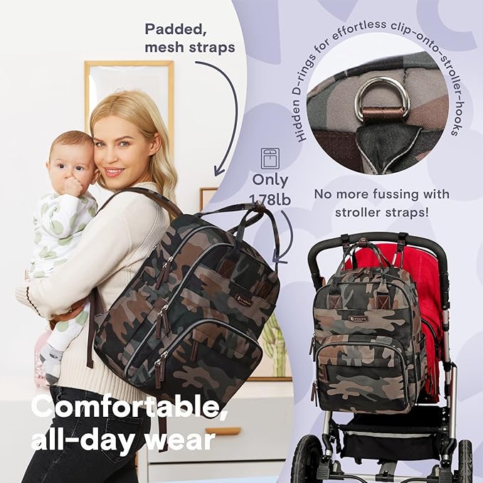 RUVALINO Diaper Bag Backpack, Multifunction Travel Back Pack Maternity Baby Changing Bags, Large Capacity, Waterproof and Stylish, Green Camo