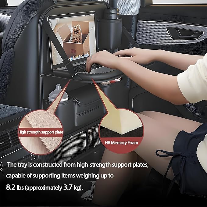 Leather Car Seat Back Organizer with Foldable Tray Table, Backseat Car Organizer with Tablet Pocket, Cup Holders, Tissue Pocket, Mesh Pockets, Kick Mat, Black, 1 Pack