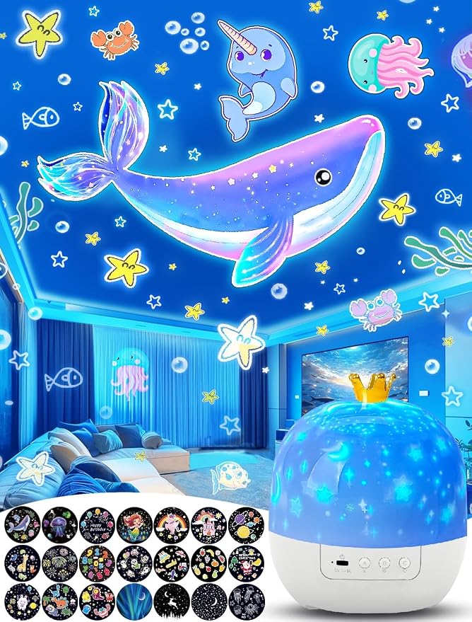 21 Sets of Films + Projector Night Light for Kids, Baby Night Light Projector for Bedroom, Ceiling, Star Projector with 360° Rotation Dimmable for Kids Girls, Birthday, Christmas, Nursery, Room Decor
