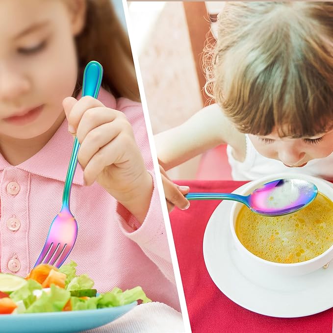 LIANYU 9-Piece Rainbow Kids Silverware Set, Stainless Steel Toddler Utensils Flatware Set, Child Cutlery Tableware for 3, Include knife Fork Spoon, Mirror Finished, Dishwasher Safe