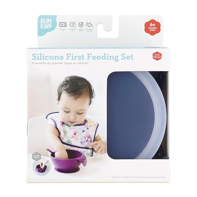 Bumkins Suction Silicone Baby Feeding Set, Bowl, Lid, Spoon, BPA-Free, First Feeding, Baby Led Weaning - Purple