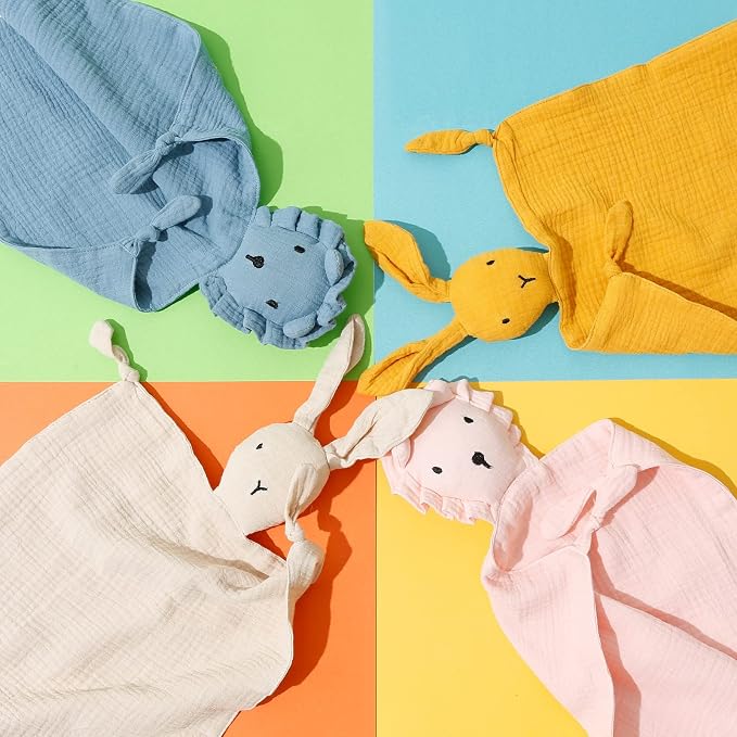insular Lovey Blanket for Boys and Girls, Cotton Muslin Security Blanket for Babies, Bunny Lion Lovie Soothing Towel for Newborn and Infant, 2 Pcs Set (Pink&Khahi)