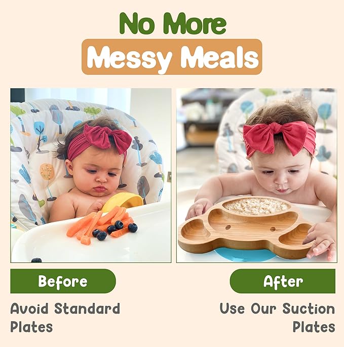 Bamboo Plates for Kids - Baby & Toddler Plates with Suction for Feeding & Weaning, Eco-Friendly Bear Design Promotes Self-Feeding, Ideal for Busy Moms & Dads, Sturdy & BPA-Free (Blue)