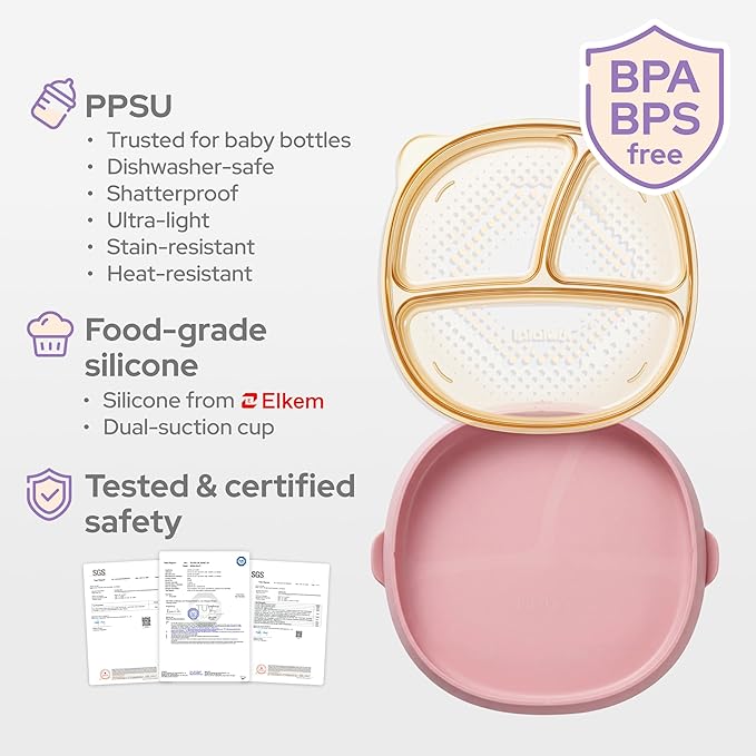 3-in-1 PPSU Baby Suction Plates with Spoon & Fork - Premium Bottle-Grade Silicone Divided Dishes, Stage-Based Self-Feeding Dinnerware 6M-3Y, BPA Free Odor & Stain Resistant, Microwave Dishwasher Safe