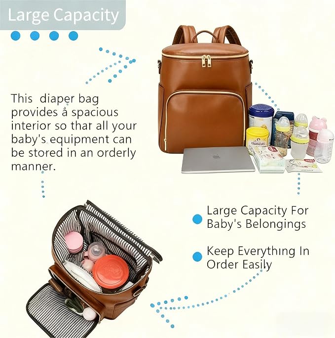 Large Diaper Bag Backpack with USB Port, Vegan Leather Diaper Tote, Hospital Bag for Labor, Stroller Straps(Brown)