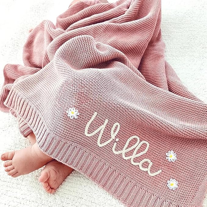 Luxury Personalized Name Baby Blanket, Hand-Embroidered Name Baby Blanket, Soft Breathable Cotton Knit Kids Blankets, Newborn Kid Gift, New Mom Gifts, Newborn Kids Girl & Boy Gift 1