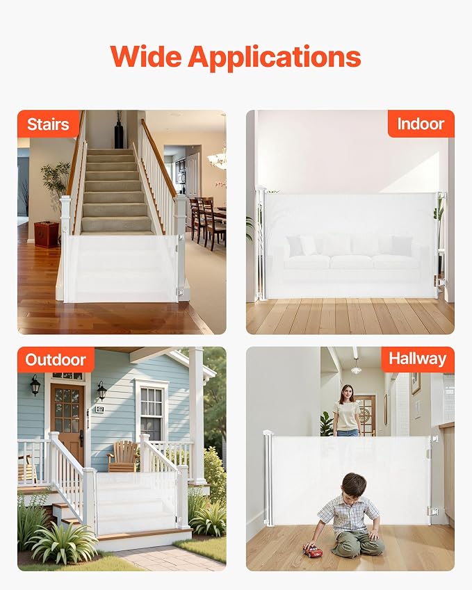 VEVOR Retractable Baby Gate, Extends to 57 inch Wide, 38.5 inch Tall, with Security Lock, Easy to Use, Walk Through Without Tripping, Mesh Dog Gate for Stairs, Hallways, Indoor/Outdoor, White