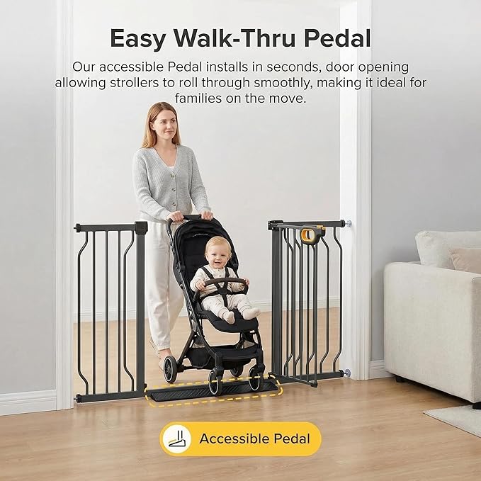 Baby Gates Extra Wide for Doorways 57.5-62.2 Inch Extra Wide Pressure Mounted Baby Dog Gate for the House Indoor Large Openning Metal Safety Gate No Drilling with Walk-Through Door,Black