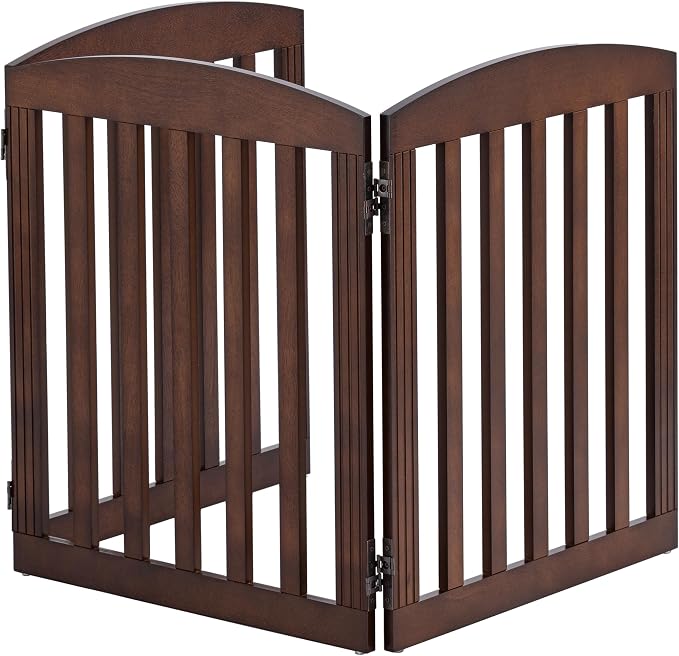 SPIRICH Wooden Freestanding Foldable Dog Gate, Pet Gate Indoor, Dog Gates for Doorways, Stairs, The House, Extra Wide Step Over Puppy Gate, 3 Panels, Brown