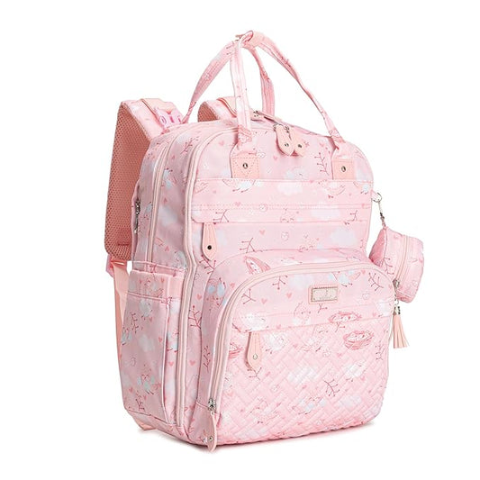 BabbleRoo Diaper Bag Backpack - Baby Essentials Travel Tote - Multi Function Water Resistant Diaper Bag, Travel Essentials Baby Bag with Changing Pad, Stroller Straps & Pacifier Case - Pink Birdy