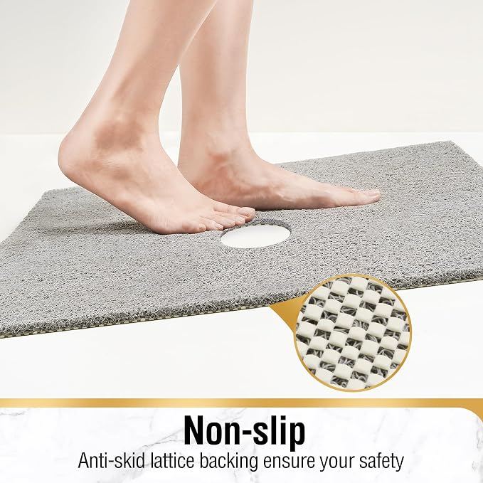 HITSLAM Shower Mat, 27x27 Inch Square Non Slip Bathtub Mat, Soft PVC Loofah Bath Mat for Tub with Hanging Holes, Quick Drying Shower Floor Mat, Without Suction Cups, Grey