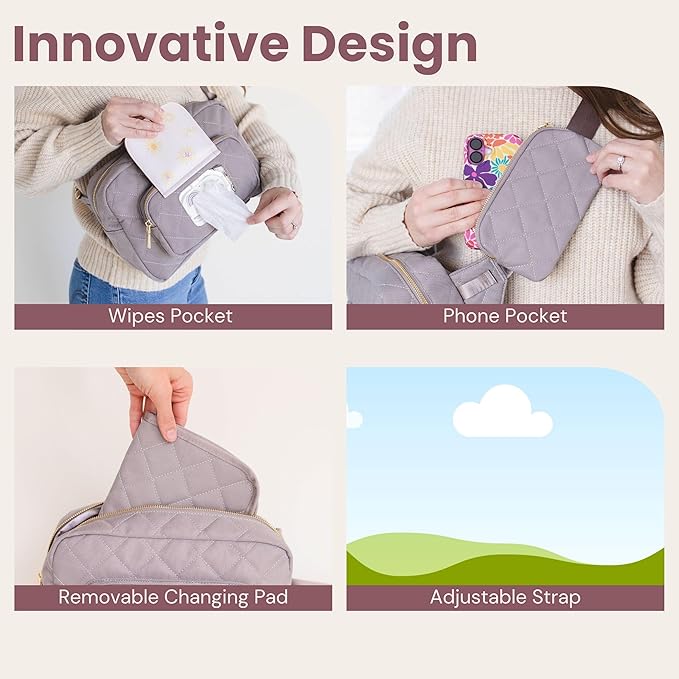 Lion & Light® Small Diaper Bag - Mini Diaper Bag with Portable Changing Pad, Crossbody Bags for Baby & Toddler, GreyTravel-Friendly Baby Tote with Adjustable Strap & Zippered Pockets