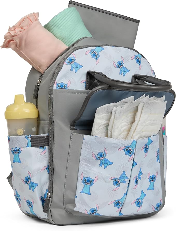 Disney Diaper Bag Backpack with Changing Pad Stich ??16??Nylon Baby Bag for Parents, Insulated Bottle Holders, Multiple Storage Pockets