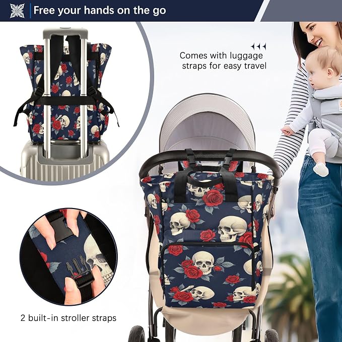 Skull Red Roses Diaper Bag Stroller Straps Unisex Mom Dad