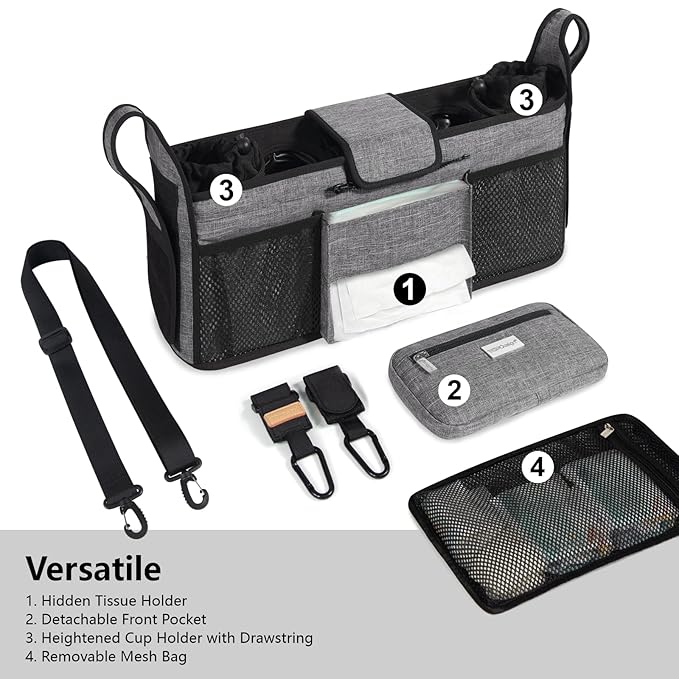 TOPDesign Universal Baby Stroller Organizer, Double Stroller Caddy with Detachable Mesh Bag & Heightened Insulated Cup Holders & Non-Slip Secure Hooks Accessories, Fits Most Strollers (Zoo)