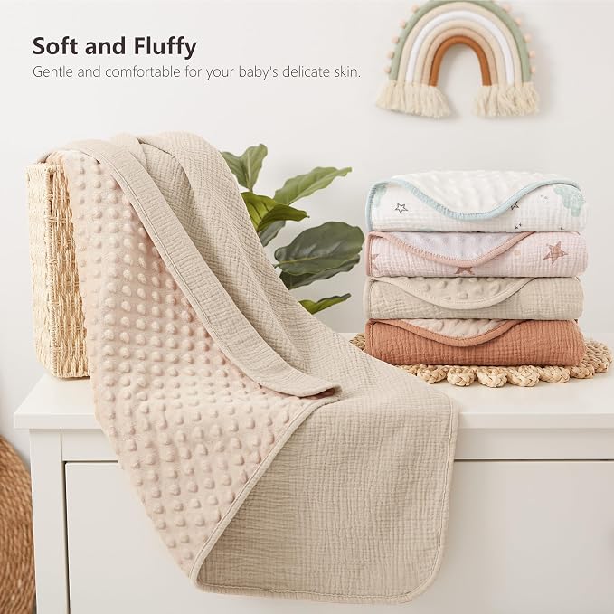 Susurration Baby Blanket for Unisex Boys Girls, Soft Nursery Minky Blanket with Muslin Cotton Front and Dotted Fleece Back, Receiving Blanket for Baby Newborn Infant, 30x40inch (Cream)