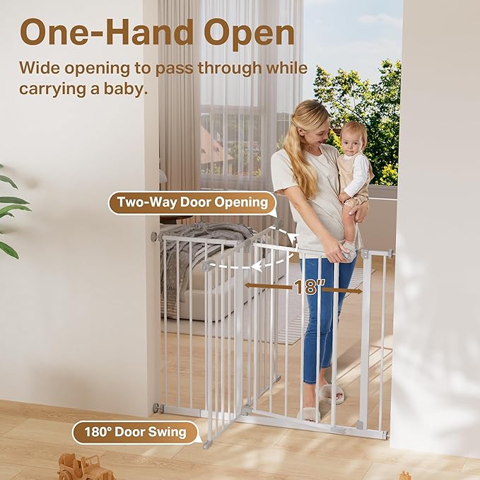 InnoTruth 29.5??0.75" Baby Gate for Stairs, 30" Tall Dog Gates for Doorways & Hallways, Safety Gate for Kids & Pets, Pressure-Mounted Walk-Through with Dual Lock & 2-Way Swing, White