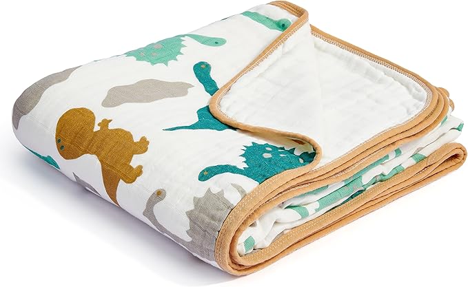 ZPECC Muslin Baby Blanket Thicker, 30x40 Organic Cotton Newborn Receiving Quilt Hypoallergenic for Baby Essentials Swaddle Crib Stroller, Dinosaur