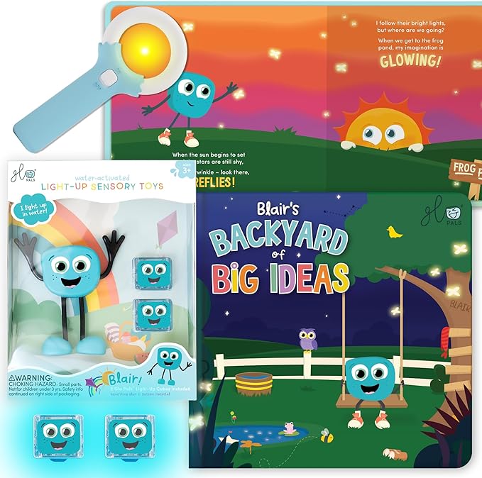 Glo Pals Blair Bath & Bedtime Bundle - Light Up Bath Toy with 1 Interactive Book, 2 Light Cubes & 1 Magic Magnifier - Toddler Bath Toys Set with Storybook Character - Educational Kids Bath Time Fun