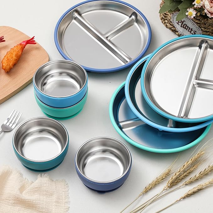 Havawish 8 Pcs Stainless Steel Baby Plate and Bowls with Suction, 8.3" Kid Divided Plate and 4" Toddler Bowl with Removable Silicone, BPA-free Non-slip Baby Feed Set Dishwasher Safe for Boy Girl(Blue)