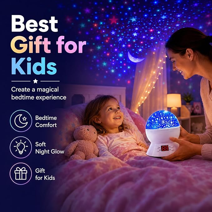 MOKOQI Star Projector Night Light for Kids, Rotating Stars Night Light Projector for Kids Bedroom, Star Projector with Timer, Light Up Stars for Ceiling, Star Machine Gift for Boys Girls Toddlers