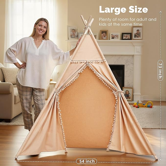 Sumbababy Large Teepee Tent for Adults & Kids, Cotton Canvas Foldable Indoor Tent for Toddlers, Sleepover Gift Toy for Girls & Boys, Washable Slumber Party Tent for Party Decor, Khaki