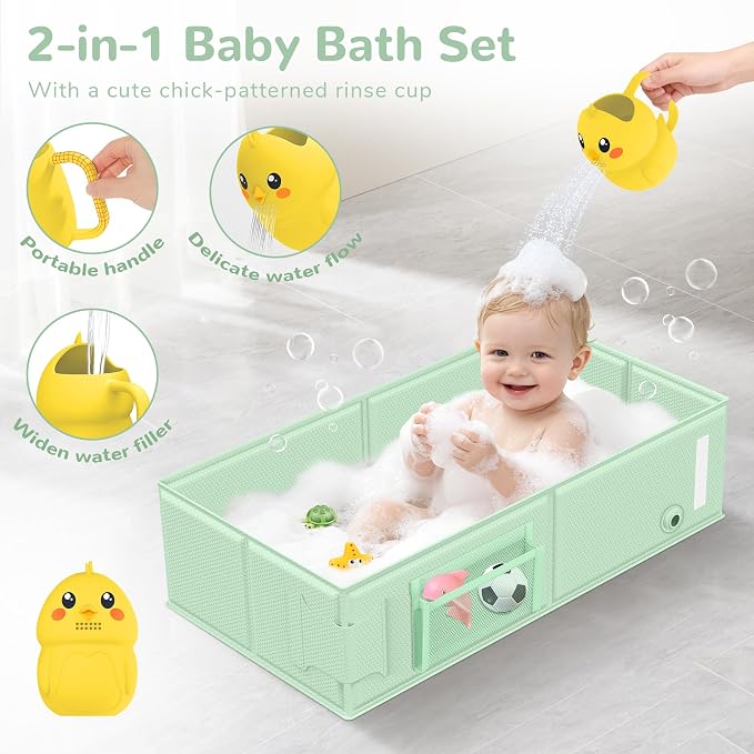 Collapsible Baby Bathtub, Foldable Toddler Bath Tub with Chick Pattern Bath Rinse Cup, No Assembly Portable Travel Bathtub for 6M-5Y, Ideal for Shower, Travel Essentials & Baby Registry Gift