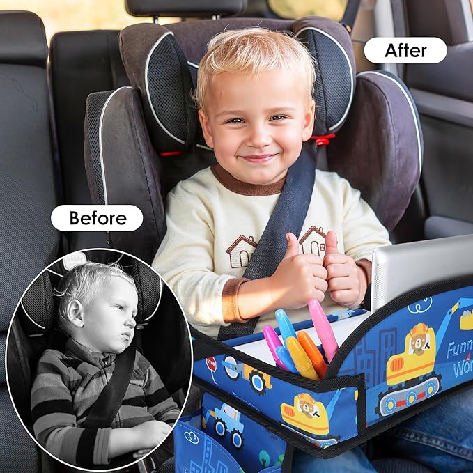 Kids Travel Tray for Airplane - Toddler Car Seat Table Tray, Road Trip Essentials for Boys & Girls, Carseat Lap Desk for Kids Road Trip Activities (Dark Blue Car)
